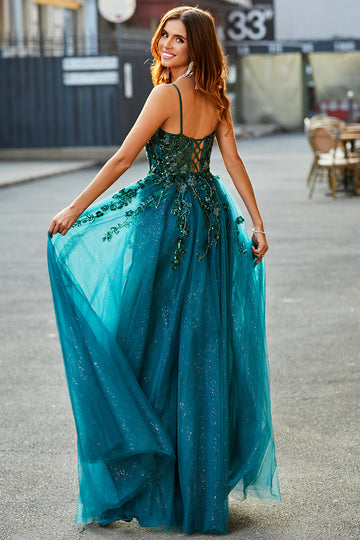 Gorgeous A Line Spaghetti Straps Dark Green Long Ball Dress with Appliques
